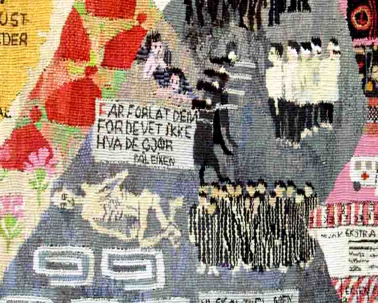Bildeteppe - Nærbilde av teppet over. Krig og Fred fra oppkupasjonen av Norge
