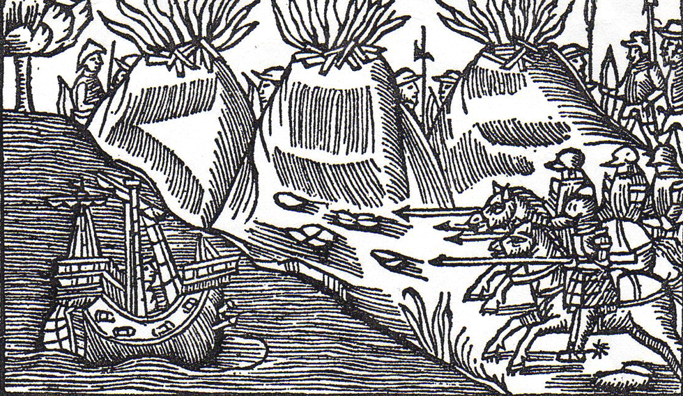 Kystforsvar i middelalderen illustrasjon veder som er tent og innkommende skip og menn på hester