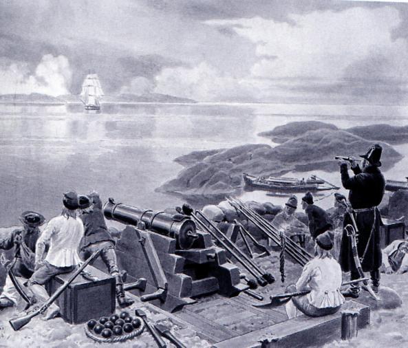 Kanonbatteri i 1807 som er rettet utover sjøen