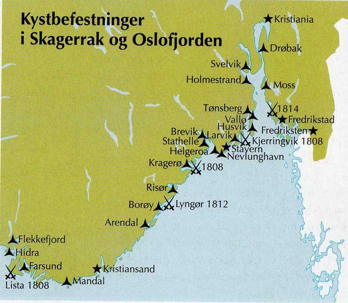 Kystforsvar 1807 - 1814 kart over sør-norge