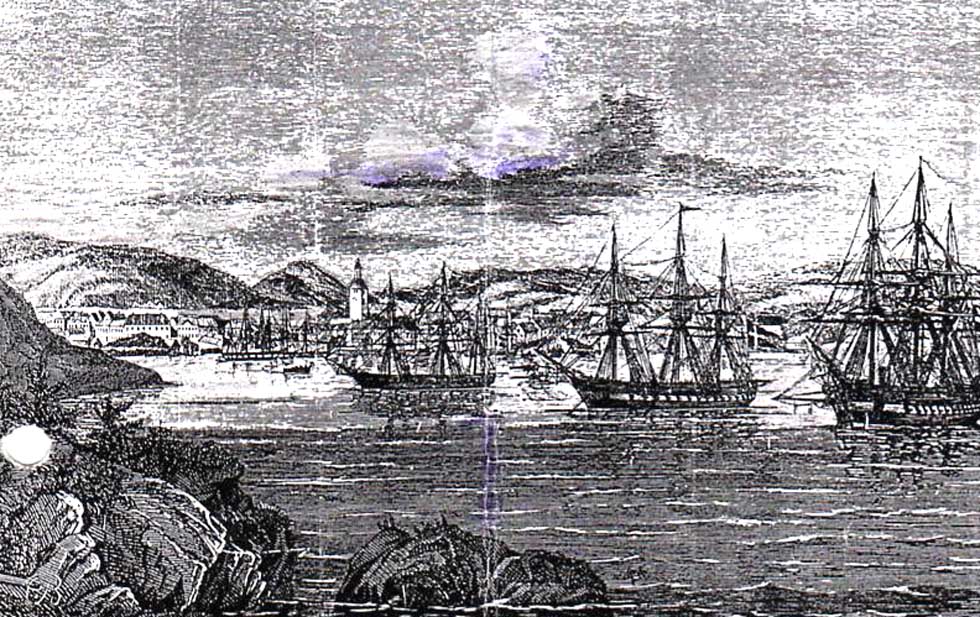 Den danske Nordsjøeskadre på Vesterhavnen i mai 1864 flere seilskip
