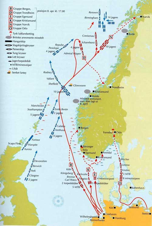 Det tyske angrep på Norge 2. verdenskrig oversiktskart illustrasjon