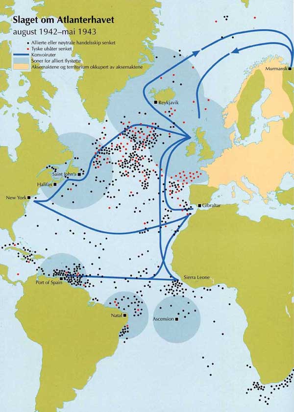 2 verdernskrig illustrasjon slaget om Atlanterhavet viser Konvoiruter og sunket skip