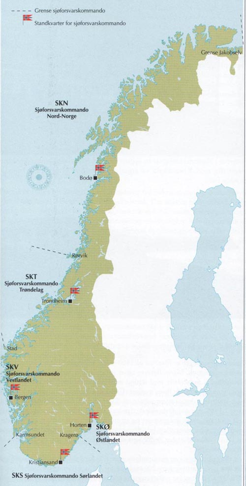 Kart over Norge som viser regionale  kommandoområder