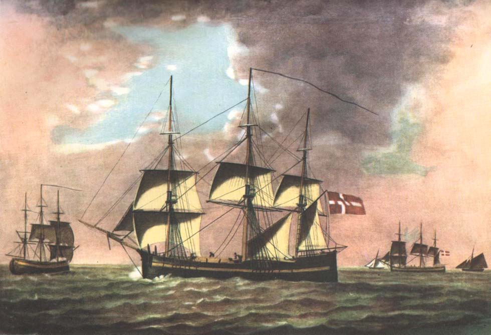 Galliot seilskip med dansk flagg