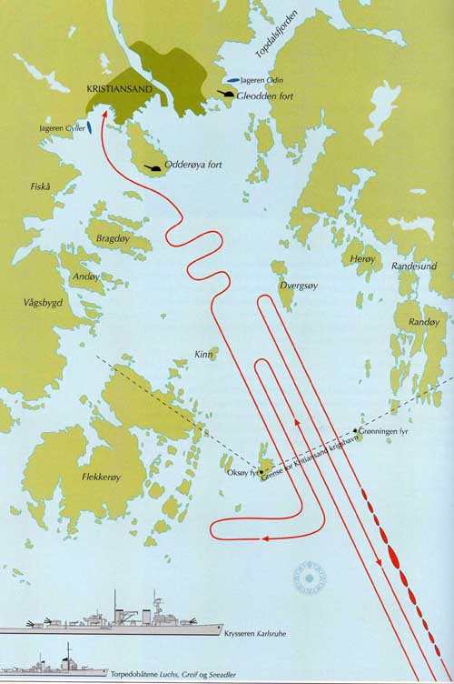 rute som viser angrepet på Kristiansand i andre verdenskrig innseiling til kristisansand 